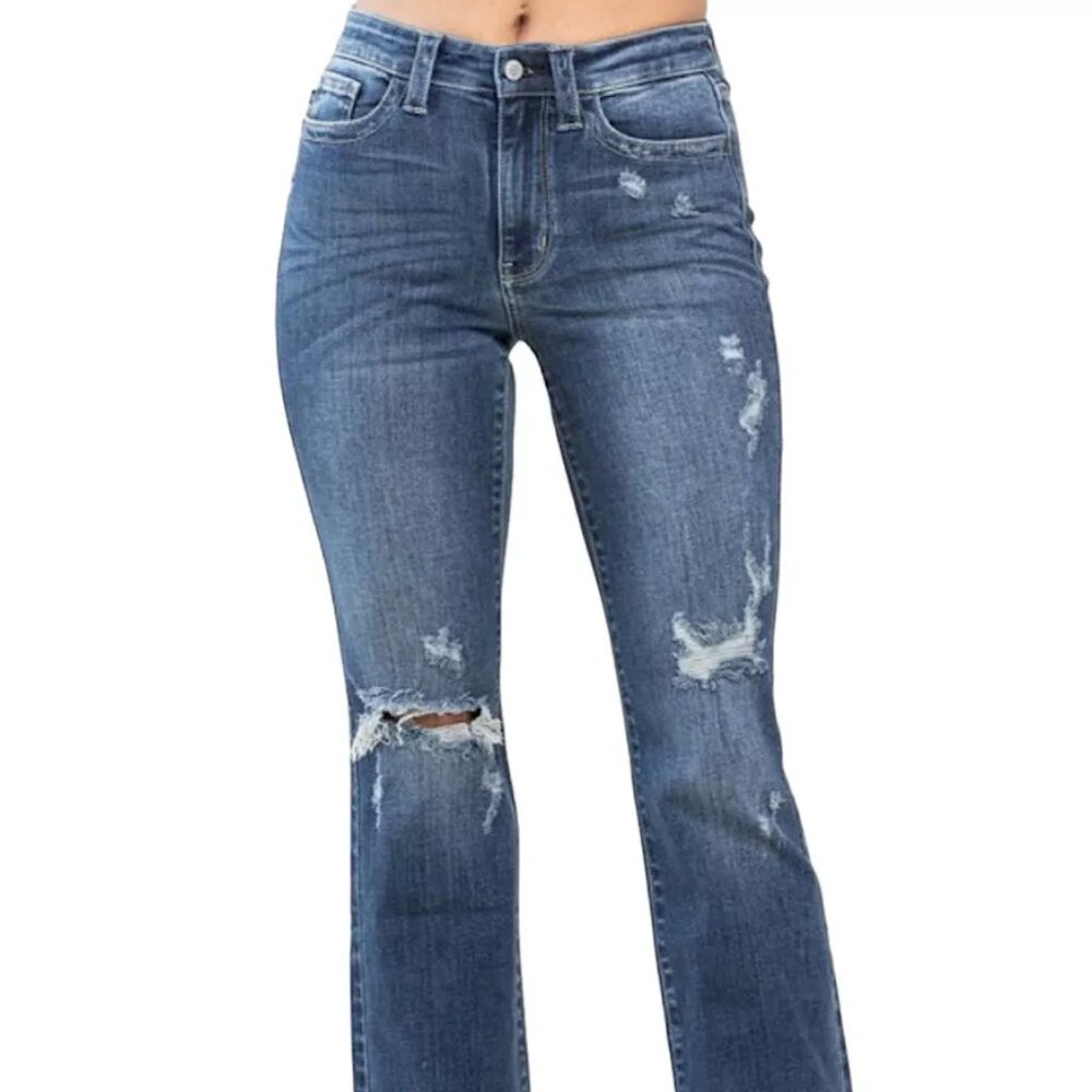 Judy Blue JB82541 DK Mid Rise Hand Sand & Destroy Bootcut Jeans 14W